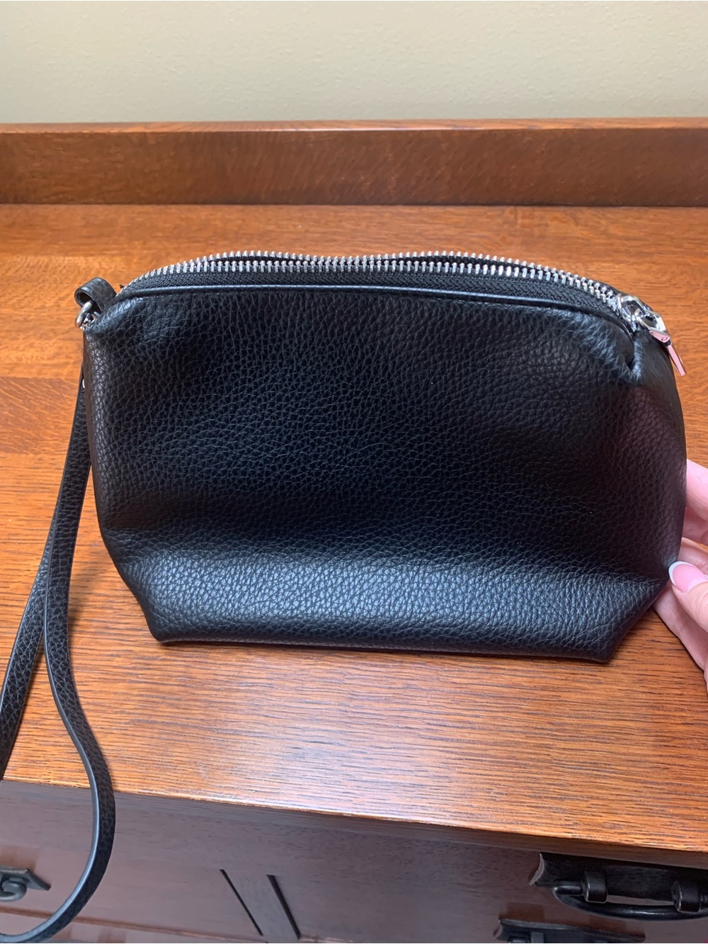 Antik Kraft Black Leather Wristlet Cosmetic Bag with Silver Hardware